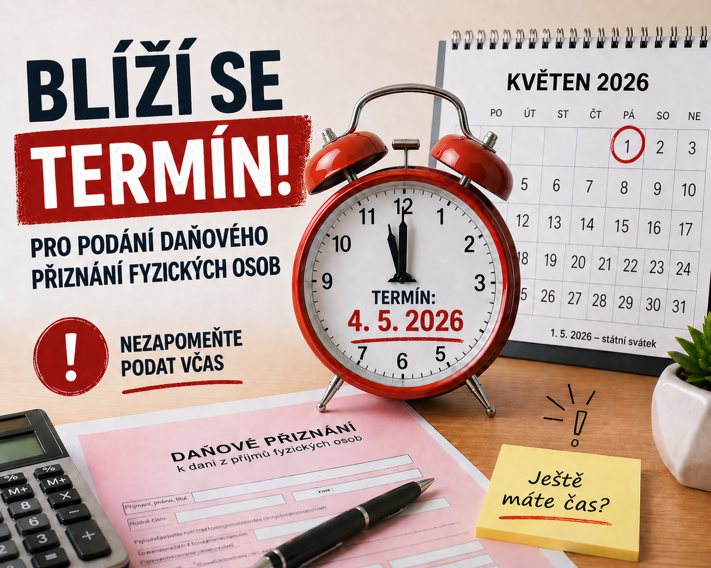 Kalendář s vyznačeným termínem pro podání daňového přiznání v květnu